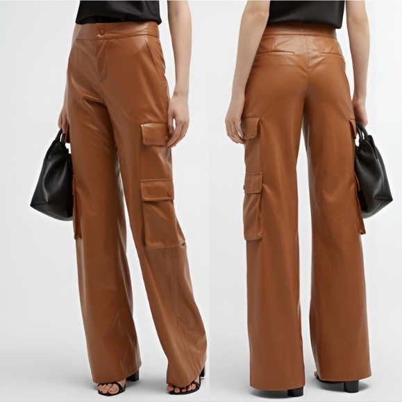 Alice + Olivia Pants - Alice + Olivia Hayes Vegan Leather Wide Leg Cargo Pants Camel Brown Size 4